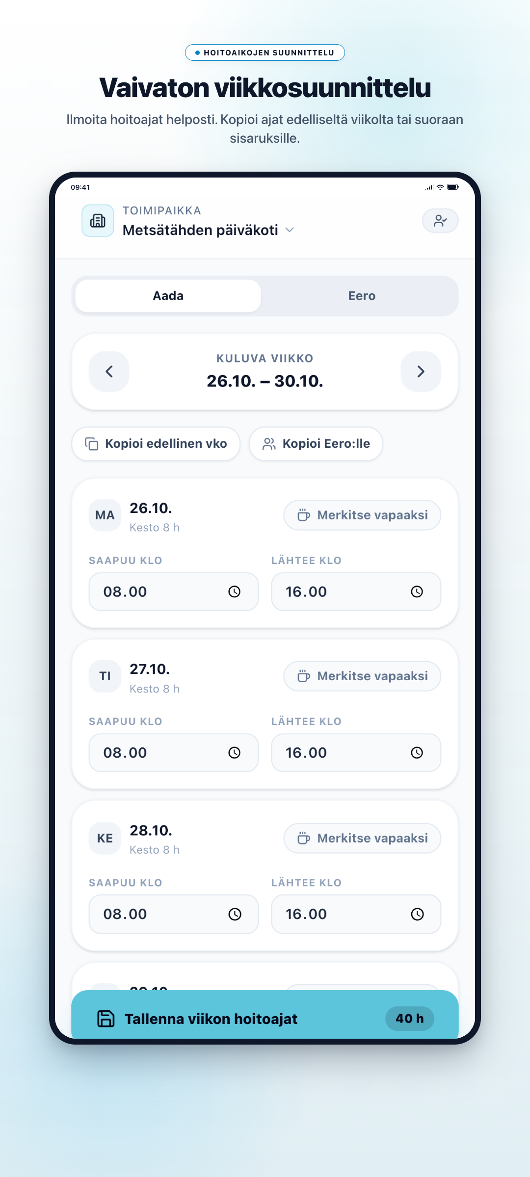 Kiikkula App hoitoaikojen varaus