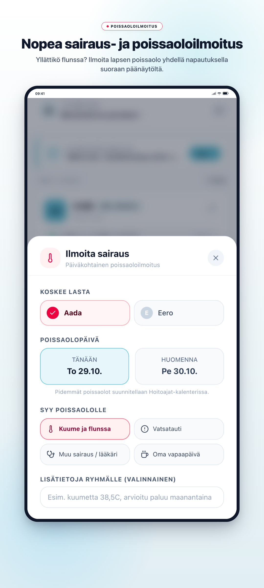 Kiikkula App sairaspoissaolon ilmoitus