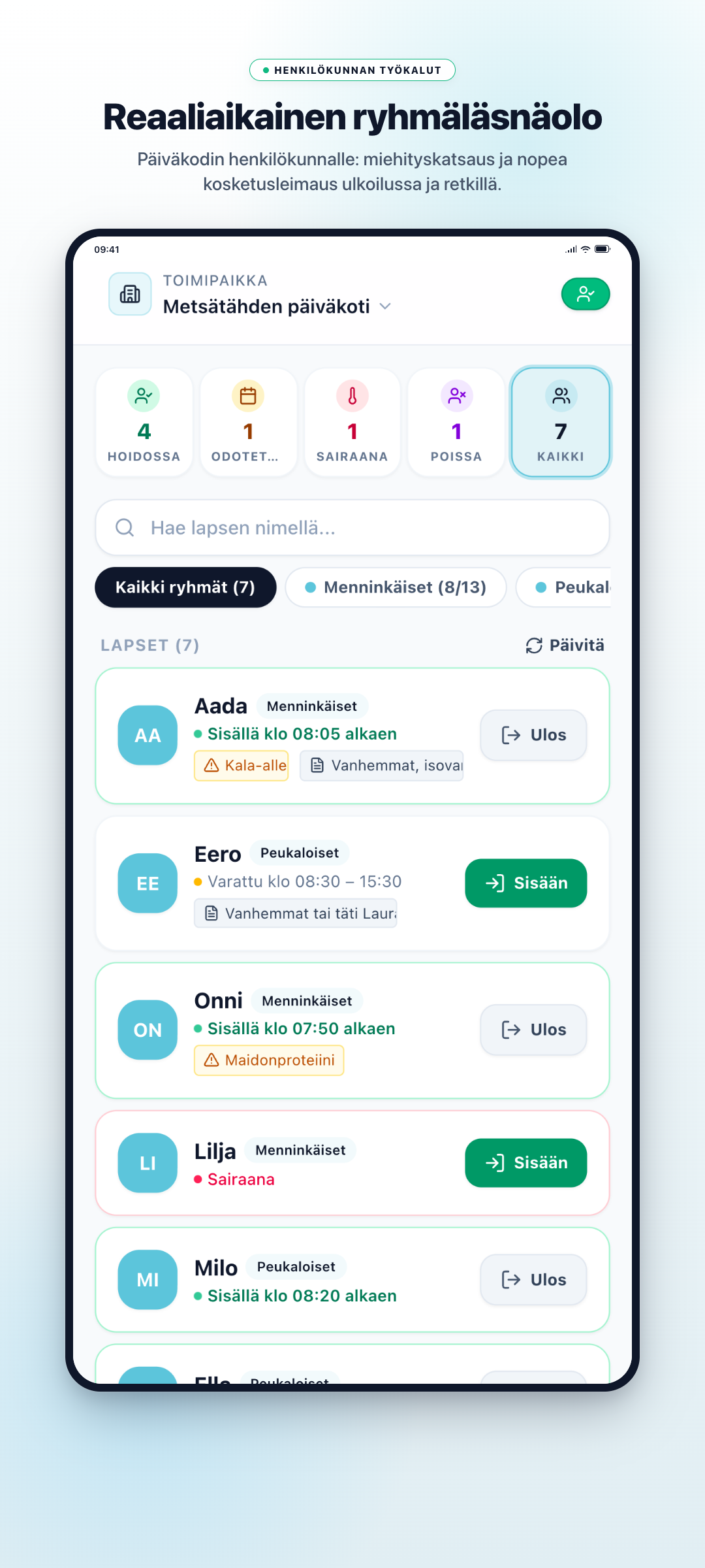Kasvattajanäkymä ja manuaalileimaus